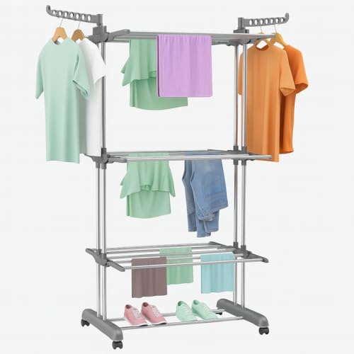 BURAKH Airer Clothes Drying Rack – 4 Tier Foldable Laundry Dryer with Wheels – Stainless Steel Clothes Horse for Indoor & Outdoor Use – Adjustable Garment Hanger with Side Wings (Grey)