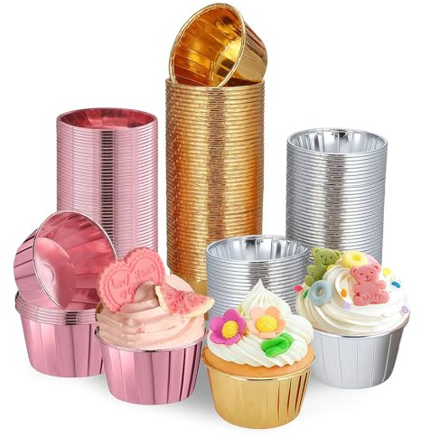 Cupcake Muffin Förmchen aus Aluminiumfolie, 150 Stück Cupcake Förmchen Papier Gold, 6,8 x 5 x 3,9 cm Muffin-Einlagen Folie für Weihnachten Hochzeit Geburtstagsfeier Silber, Roségold, Gold