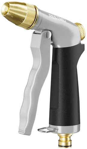 RESTMO High Pressure Hose Pipe Spray Gun, 100% Metal Garden Hose Gun with Solid Brass Head, Adjustable Water Flow, 4 Spray Patterns, Ideal for Car Washing, Gardening, Patio & Window Cleaning, Black