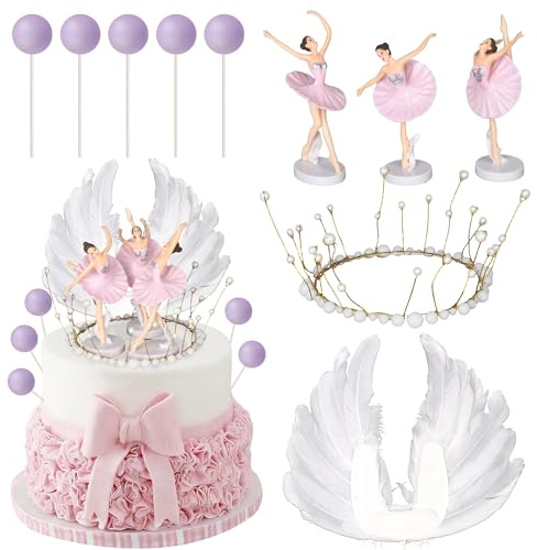 10 Stück Tanzende Ballerina Mädchen Figur Tortendeko 3D Ballett Kugel Kuchen Deko Krone Federfächer Cake Toppers für Baby Dusche Geburtstag Jahrestag Party Kuchen Dekorationen Hellviolett