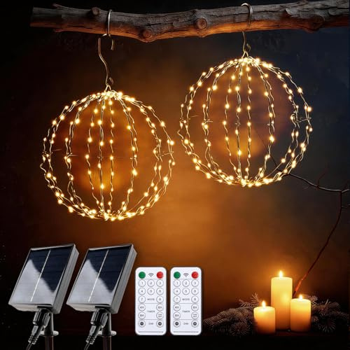 Solar Weihnachtsbeleuchtung Außen mit Fernbedienung 2 Stück, LED Kugel Hängend Ø 30cm 140 LEDs, 1200mAh, 4/6/8h Timer, Dimmbar, 8 Modi, IP44 Wasserdicht, Deko Lichterkette für Garten & Balkon
