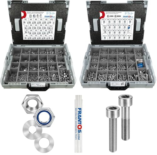 FRANTOS L-BOXX Schrauben Muttern Sortiment 8.090 tlg. (Edelstahl A2) Set aus DIN 912 Zylinderschrauben + Sechskantmuttern, Stoppmuttern & Unterlegscheiben inkl. Meterstab