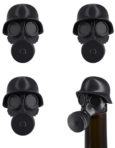 Bierflaschenverschluss Stahlhelm 4 Stück Retro Militär Gasmaske Wiederverwendbarer Flaschenverschluss Helm - 3D-Druck Bierhelm für BBQ & Party Militärbegeisterte(Schwarz)