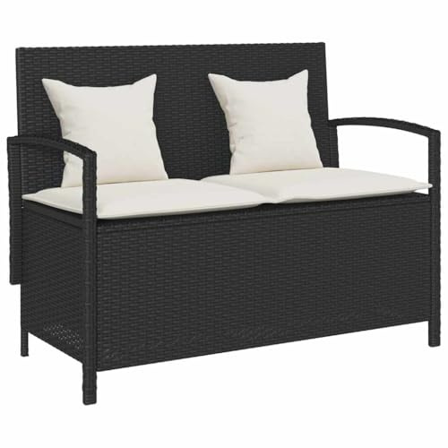 Drillkyn Gartenbank mit Stauraum und Kissen Schwarz Poly Rattan wetterfest, 111x56x87 cm, Sitzbank mit Lehne und Armlehne, Klappbank für Terrasse Balkon Veranda