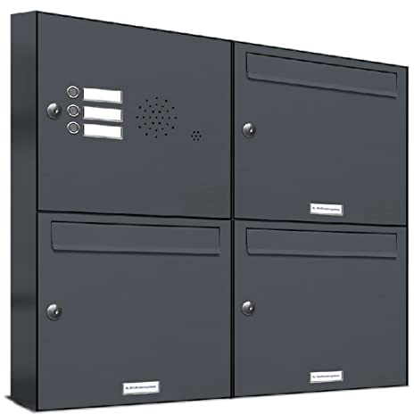 AL Briefkastensysteme 3er Briefkasten in Anthrazitgrau RAL 7016 mit Klingel, 3 Fach Briefkastenanlage Aufputz modern Postkasten