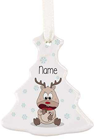 Herz & Heim® Keramik Geschenk-Anhänger Tannenbaum mit gratis Namensaufdruck - individueller Baumschmuck Rentier