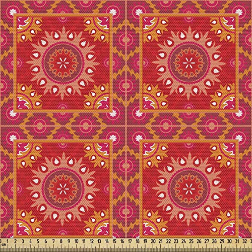 ABAKUHAUS Mandala roja Tela por Metro, Loseta, Decorativa para Tapicería y Textiles del Hogar, 1M (148x100cm), Multicolor