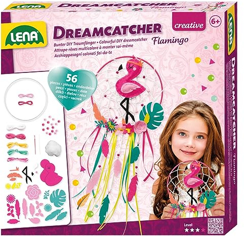 LENA - 42700 - Kit de bricolage Dreamcatcher Flamingo, 56 pièces, pour fabriquer un attrape-rêves avec anneau, rubans et ficelles colorés, perles et fleurs en tissu, kit pour enfants à partir de 6 ans