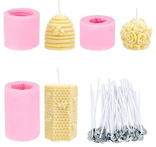 PandaHall 3 Pack 3D Bienenwaben Silikon Kerzenformen Mit 50 Stück Kerze Dochte Und Metallhalter Für Hausgemachte Bienenwachs Kerzenherstellung Zubehör, Seifen, Lotion Bars, Fondant, Kuchen Verzieren