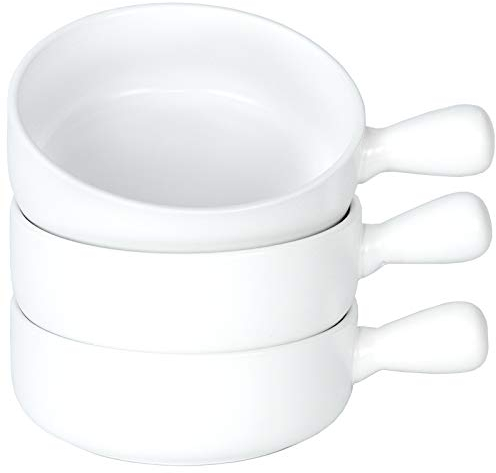 AQUIVER Französische Zwiebel-Suppenschalen aus mattem Porzellan, Servierschale mit einzelnem Griff, für Chili, Tortilla-Suppe, Haferflocken, Müsli, Eintopf, Chowder – Set mit 3 Stück (weiß)