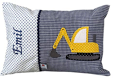 Glückspilz Namenskissen Babykissen I Bagger I mit Namen personalisiert I Geschenk zu Geburt, Taufe oder Geburtstag I Blau Gelb (25 x 35 cm)