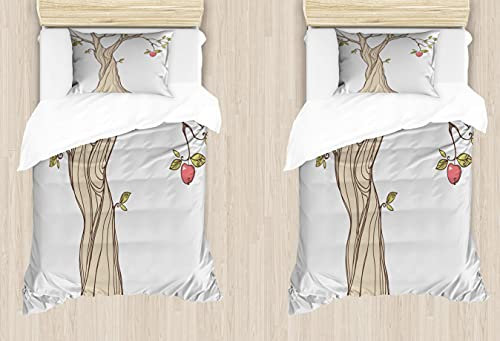 ABAKUHAUS Karikatur Bettdeckenbezug 2er-Satz Doppelbett, Apfelbaum mit Blättern Kunst, Kuscheligform Top Qualität 2 Teiligen Bettbezug mit 1 Kissenbezüge, 170 x 220 cm - 75 x 50 cm, Beige Grün Coral
