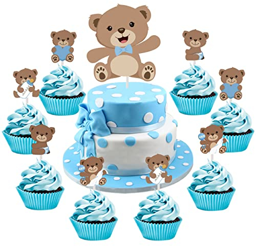 25PCS Teddy Bear Baby Shower Cake Topper Double Sided Print with Bear Cupcake Toppers Brown for Bear Theme Gender Reveal Neutral Party Supplies