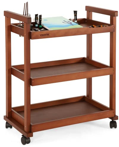 VISWIN 93 cm H art Cart Storage Organizer 3-Tier, Carrello Multiuso Rotante in Legno di Faggio Massiccio con Ruote Piroettanti, Carrello Multifunzionale per Lo Studio, l'Aula e la Cucina