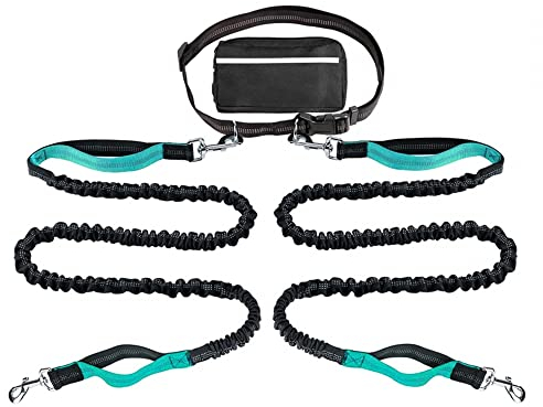 MiOYOOW Hände Frei Hundeleine,Wasserdichtes Welpen Reflektierender Bungee Verstellbar Doppelleine Hundeleine mit Reißverschlusstasche zum Laufen Laufen Wandern
