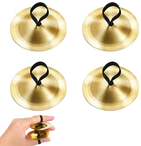 2 Paar Fingerzimbeln,Finger Becken Messing mit elastischen Band,Bauchtanz Finger Brass Musikinstrument für Tänzerin Ball Party,Gold