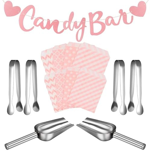 Firtink Accessori Candy Bar, 107 pezzi Candy Bar decorazioni per feste tra cui sacchetti Candy Bar pinze per zucchero, pala e ghirlanda per matrimoni, caramelle, feste, compleanni