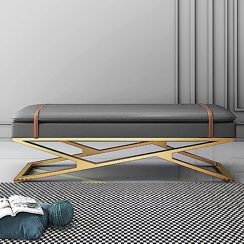 Zweischichtige Sitzbank Mit Weichem Kissen,Moderner Eingangsbereich Schuhbank Mit Goldener Basis,Lederende Der Bettbank Bequeme Multifunktions-Sofabank-Grau 70x38x45cm(28x15x18inch