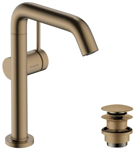 hansgrohe Tecturis S Fine - Waschtischarmatur schwenkbar mit Push-Open Ablauf, energiesparend (CoolStart), Wasserhahn Bad Auslauf Höhe 210mm, Mischbatterie wassersparend (EcoSmart+), Brushed Bronze