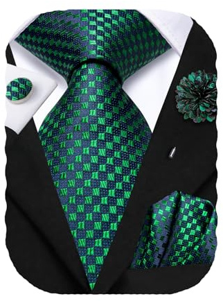 Hi-Tie Ensembles de cravates pour homme avec pochette, épingles de revers et boutons de manchette en soie tissée pour mariage et soirées formelles, Vert/carreaux, 59 inches