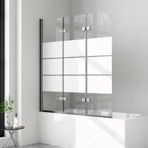 Duschwand für Badewanne 140x140 cm 3 teilig faltbar 6mm Milchglas Streifen Sicherheitsglas (ESG) Faltwand Badewannenaufsatz Badewannenfaltwand Duschabtrennung für Badewanne, Schwarz
