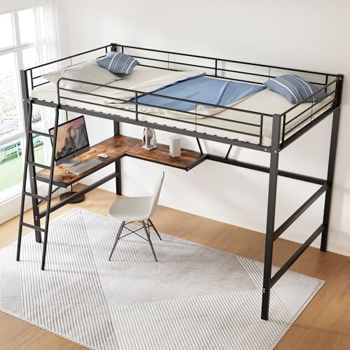 90x200cm Eisenbett,Bettgestell Metallbett, Hochbett mit L-förmigem Schreibtisch und einem Regal für Kinder, Jugendliche und Erwachsene, schwarz