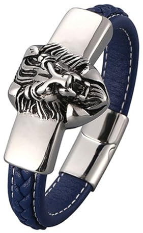 Beydodo Herren Armband Leder Personalisiert, Partner Armbänder Löwe 12MM mit Magnetverschluss Charms Armband Blau Leder 20.5CM