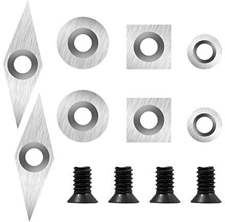 8Pcs Tungsten Carbide Cutters Inserts Set for Wood Lathe Turning Tools, (11mm Square + 12mm Round + 8.9mm Round + 30x10mm Diamond) with 4 Screws