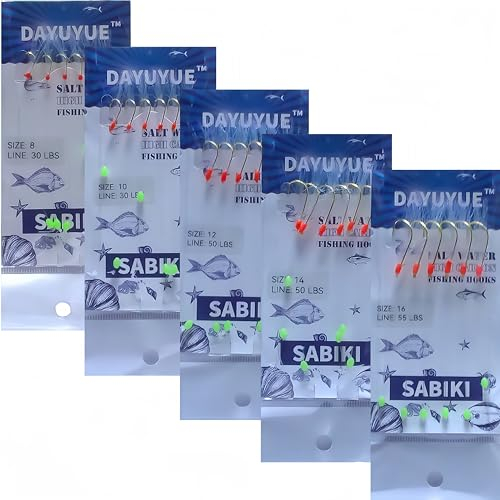 DAYUYUE Makrelenfeder-Rigs Angelhaken Sabiki Feder Rigs mit leuchtenden Perlen 5 Stück Set Hakengröße 8 10 12 14 16 (Set-C)