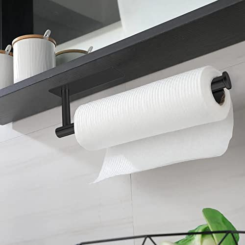 Eolax Papierrollenhalter, Papierrollenstange unter Küchenschrank, Geeignet für Küche, selbstklebend oder Wandmontage mit Bohrlöchern, Edelstahl Schwarz