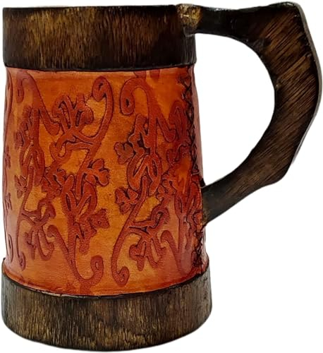 NAVIROCK Ancient Wooden Leather Wrapped Hand Carved Beer Tankard Inlay Wood Mug Bar Drinkware for Parties