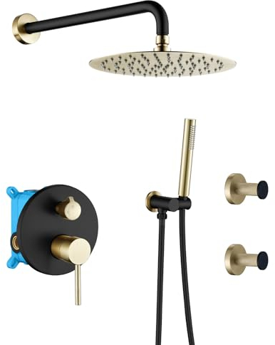 SWHC Unterputz Duscharmatur Set Duschsystem Unterputz mit Um 2 Kleiderhaken und Handbrause 245 * 245mm Duschset Schwarzes Gold MessingköRper