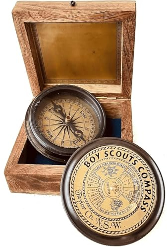 Smizzy - Bussola da scout nautica incisa in ottone, idea regalo per ragazzi, bussola da giuramento in scatola di legno, sempre preparata, per campeggio, orientamento, escursionismo, zaino in spalla