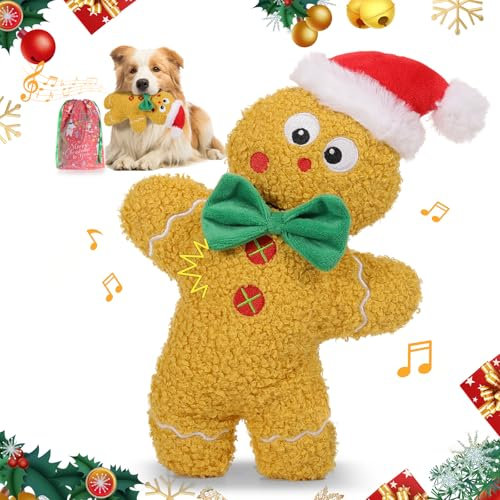 Lewondr Weihnachts Quietschspielzeug für Hunde, Xmas Lebkuchenmann Plüsch Hundespielzeug mit Quietscher, Welpe Beißspielzeug mit Kauleiste, Kleine & Mittlere Hunde, Braun