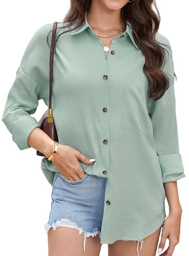 Stamain Hemd Damen Langarm Salbeigrün Bluse Sommer Lässig Hemdbluse Leicht Luftig Damenblusen Oversized Oberteil Baumwolle Polyester Mischgewebe Longbluse mit Brusttasche für Reisen Urlaub Größen M