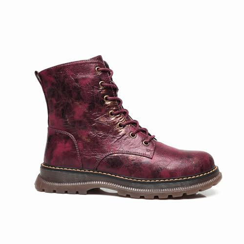 IVACHY Ladies Combat boots- Chunky - Womens Lace up ankle boots- Zip up Closure- Metalic- VEGAN- Warm Lining- Size UK 3 to 7.5