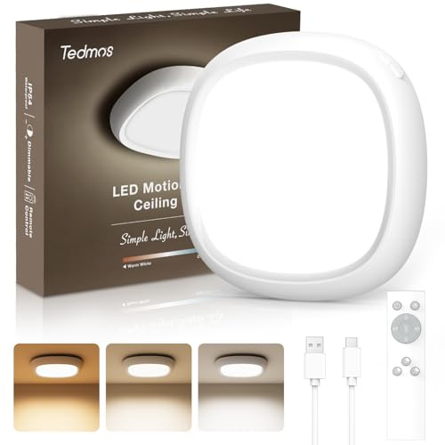 Plafonnier LED Sans Fil Rechargeable USB, 550LM 12000mAh IP54 Etanche Luminaire Plafonnier a Pile avec Detecteur Mouvement Lampe Plafond Batterie Télécommande Lumiere Capteur Interieur Garage Douche
