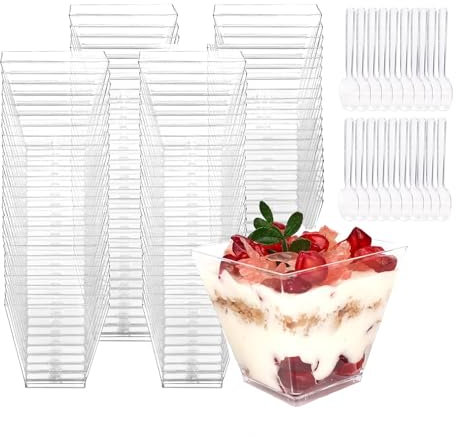 50Pcs Tasses à Dessert, 60ml/2oz Coupes Gobelets avec 50 Cuillères Mini Tasses à Dessert Gobelets Verrines à Dessert Réutilisables en Plastique pour Mousse,Tiramisu,Anniversaire