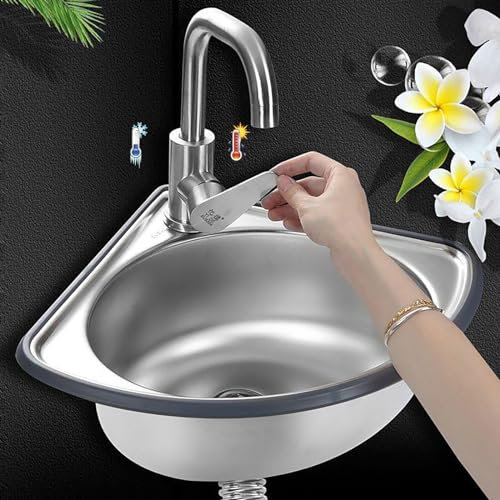 Single Bowl Stainless Steel Sink with Drainer Unit and Tap, Triangle Bathroom Wash Basins - Ideal for Kitchen, Outdoor/Indoor, Garage, Laundry/Utility Room, Restaurant - 34x34cm-depth13cm Cold