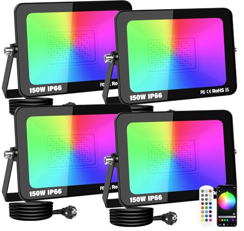 RIGIDON 4 x Projecteur Led RGB Exterieur, 150W 15000LM Projecteur Led RVB | App & Télécommande, Changement de Couleur RGBW, Minuteur, Musique pour Jadin Terrasse Patio Disco Décorations, IP66 étanche