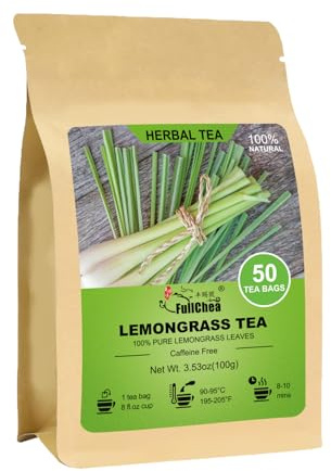 Fullchea - Lemongrass Tea Bags, 50 Teabags - Refreshing Herbal Tea Made from Pure Lemongrass Leaves - Non-GMO - Caffeine-Free - Perfect for Relaxation and Wellness