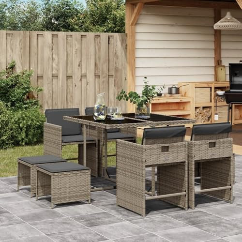 IKAYAA Gartenmöbel Set Rattan 8 Personen Garten sitzgruppe 8 Personen Gartentisch Set mit 8 stühlen Gartengarnitur Sitzgarnitur Essgruppe mit Kissen-Grau-9-tlg