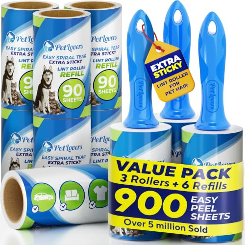 PetLovers Rullo per pelucchi extra appiccicoso Mega Value Set da 900 fogli per la depilazione di animali domestici e vestiti, rimozione pelucchi per cani e gatti, confezione da 10