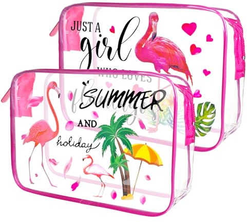 2 Stück Transparente Kulturtasche, 1.8 L Reisetasche, Flüssigkeiten Beutel Handgepäck TSA-geprüft Kosmetiktasche,Transparente Tasche Flughafen-konforme Tasche,Reisebeutel Flugzeug, Flamingo