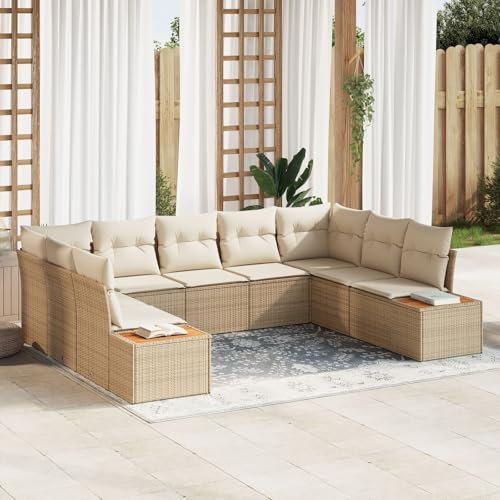 vidaXL Trädgårdsoffset med kudde 9 pcs Beige Poly rattan, Trädgård och terrass, modern modulär utemöbelset, lätt rattansoffa, väderresistent loungesoffa