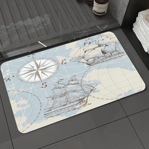 KDWJS Badematte rutschfest Super Absorbierende Badezimmerteppich,Waschbar Duschvorleger,Badewannen undBadezimmer, Meeresnahtlose Muster mit Alten maritimen Symbolen, Kompass und Schiff.,40x60 cm