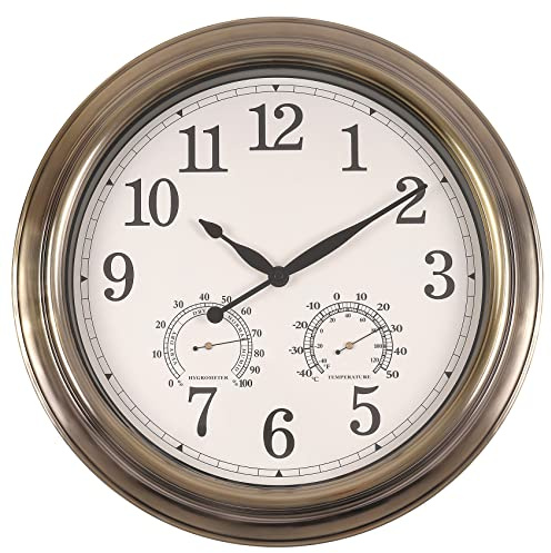 Vigorwise Reloj de pared para exteriores de 16 pulgadas, con marco de metal, impermeable, silencioso, para patio, piscina, bronce