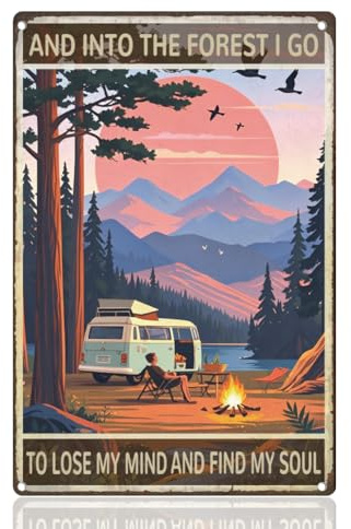 Doodlearm Forest Camping Tin Sign Vintage Funny Into The Forest I Go To Lose My Mind Metal Wall 20x30 cm Wall Art Poster for Outdoor Street Man Cave Shed Home Bar Club Wall Decor Gift