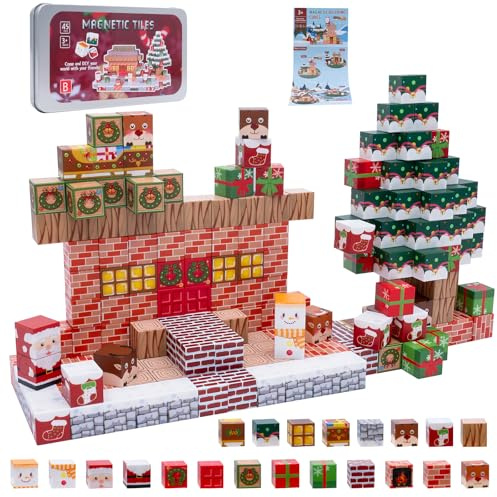 ROYUEXT Weihnachtliche Magnetbausteine, 45 Teile mit Aufbewahrungsbox, Geschenkidee für Kinder ab 3 Jahren, für Jungen und Mädchen (2 cm)