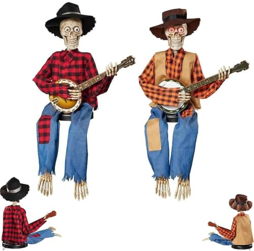 Duell-Banjo-Skelette, lustige animierte Halloween-Banjo-Skelette mit hellen Augen, Halloween-Land-Skelett-Musikerfigur für Spukhaus-Party & Dekorationen (Rot Gelb)